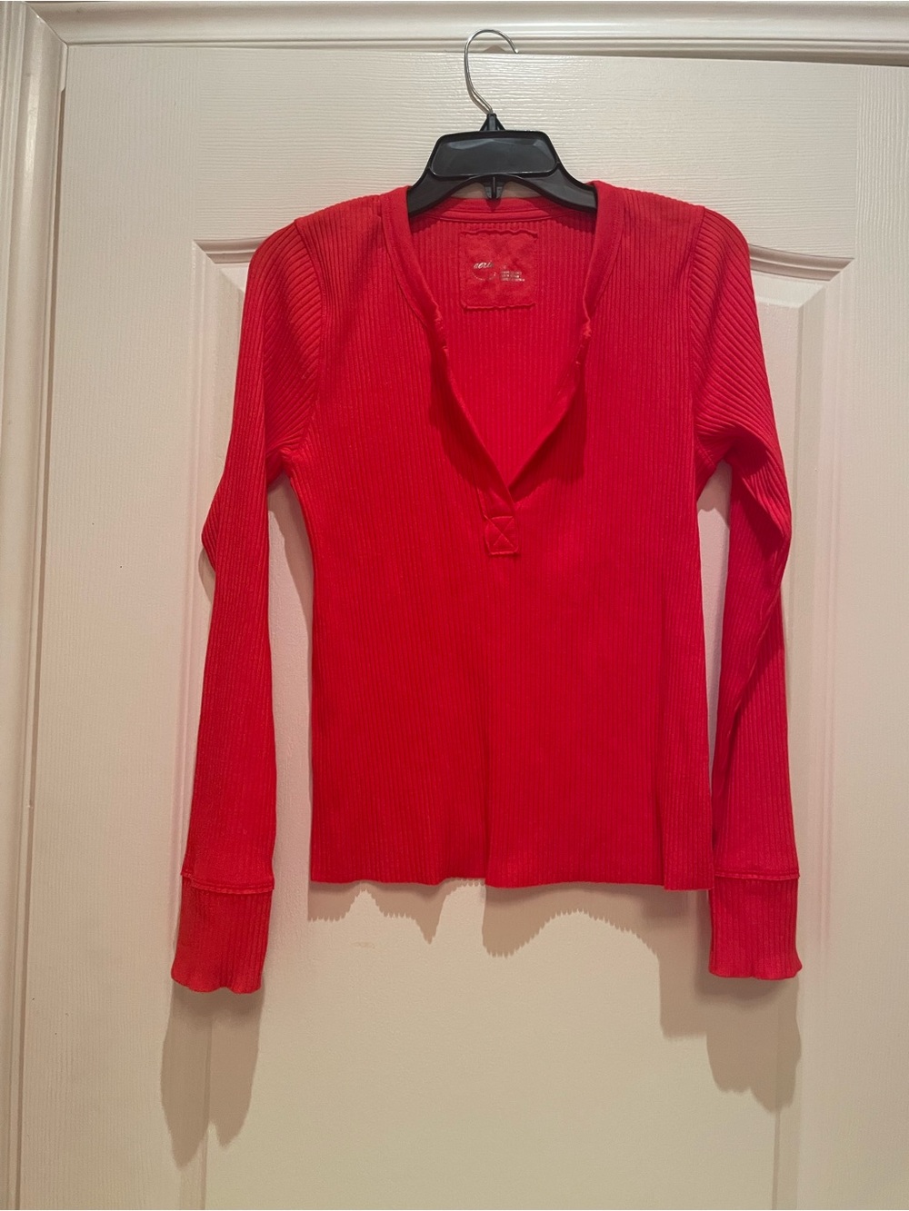 aerie Red Ribbed Long-Sleeve V-Neck Top